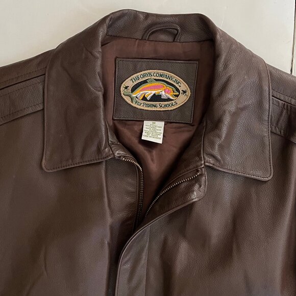 Men's ORVIS Co Fly Fishing Schools Brown Leather Coat Jacket Sz Med Bomber - Picture 5 of 8